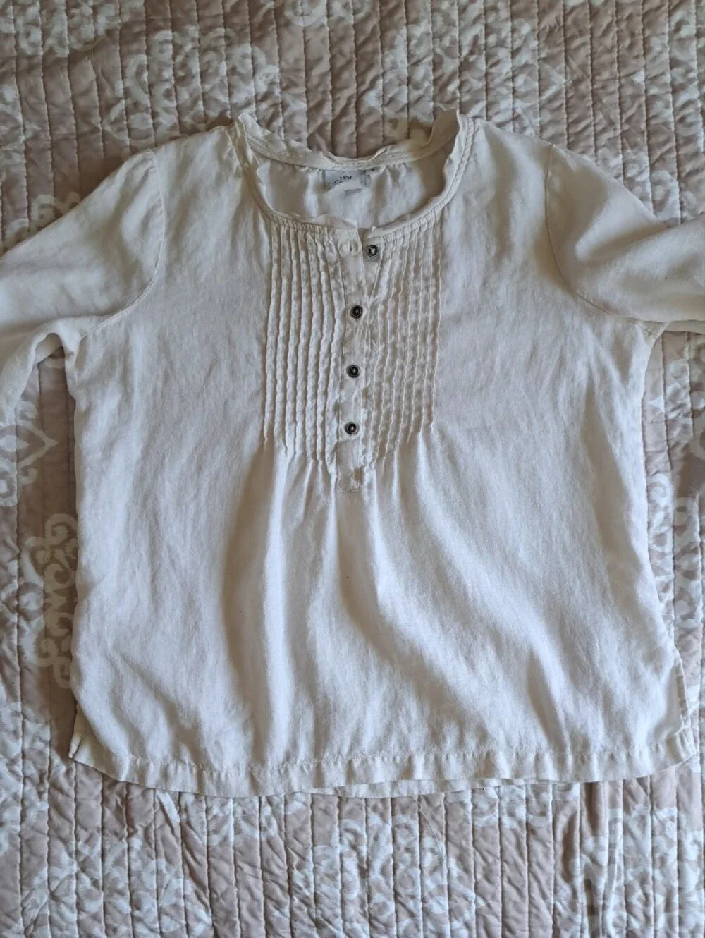 VTG Hot Cotton 100% Linen Cream Pintuck Henley Blouse Coastal Boho Lagenlook S